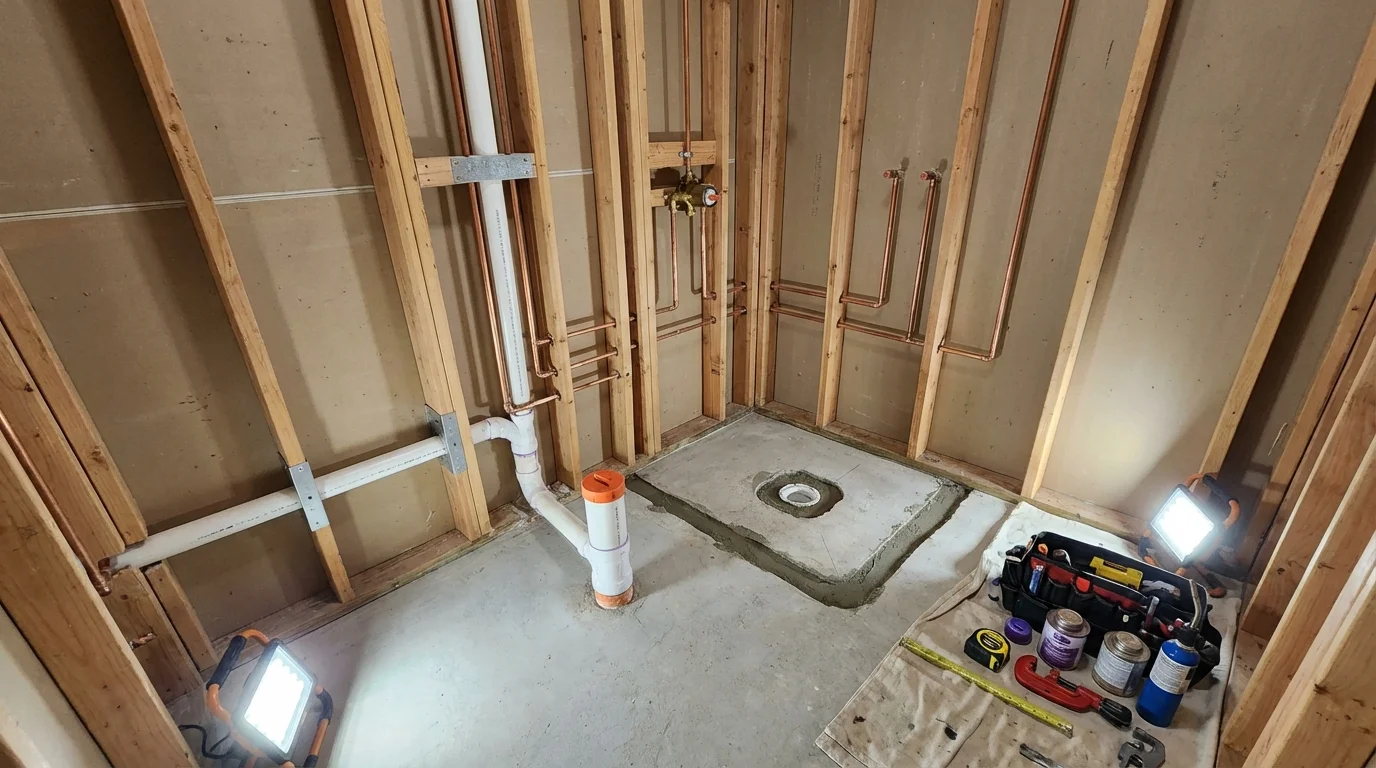 Bathroom rough-in plumbing during remodel by Johns Plumbing LLC in Horseheads