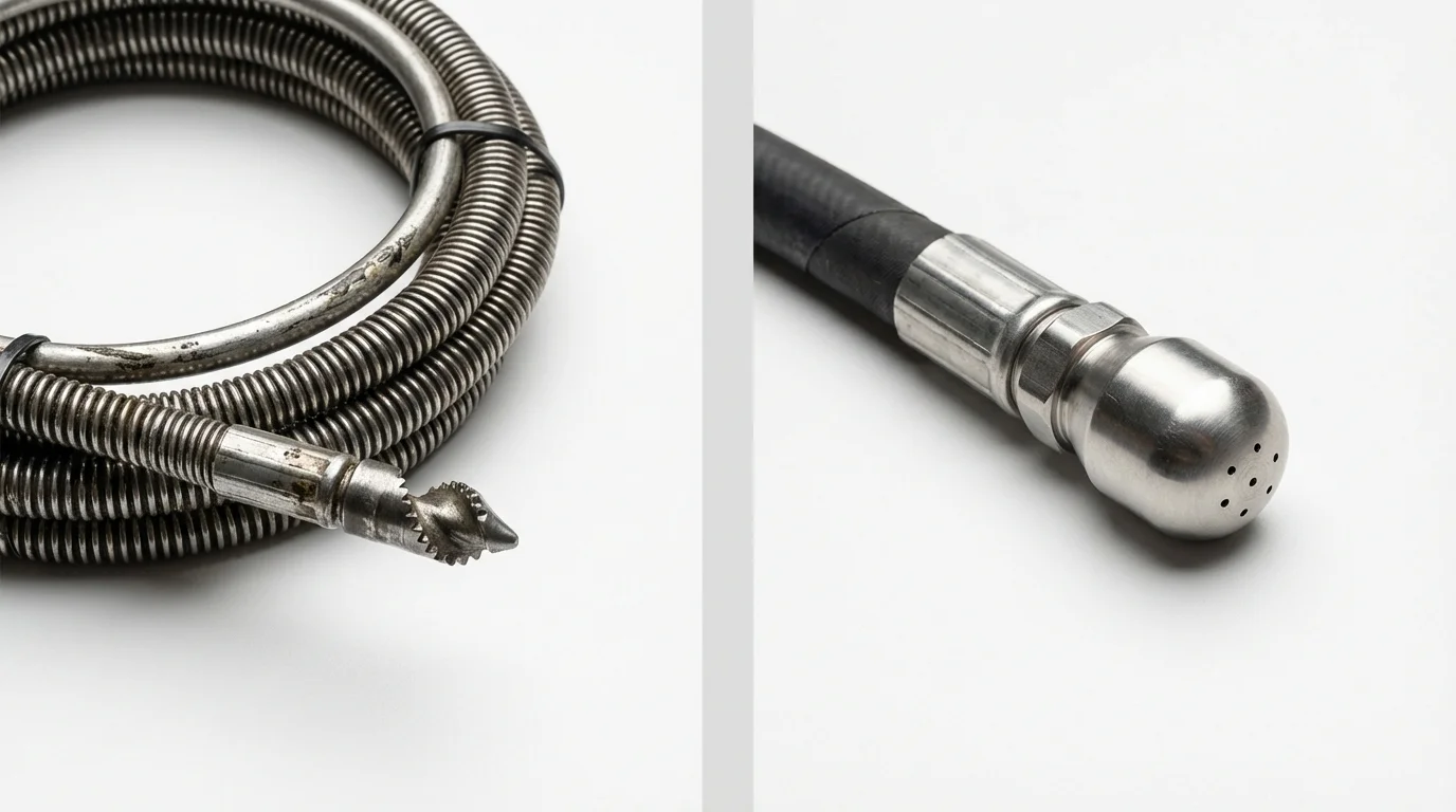 Drain snake cable and hydro jetting nozzle used for drain cleaning in Horseheads, NY