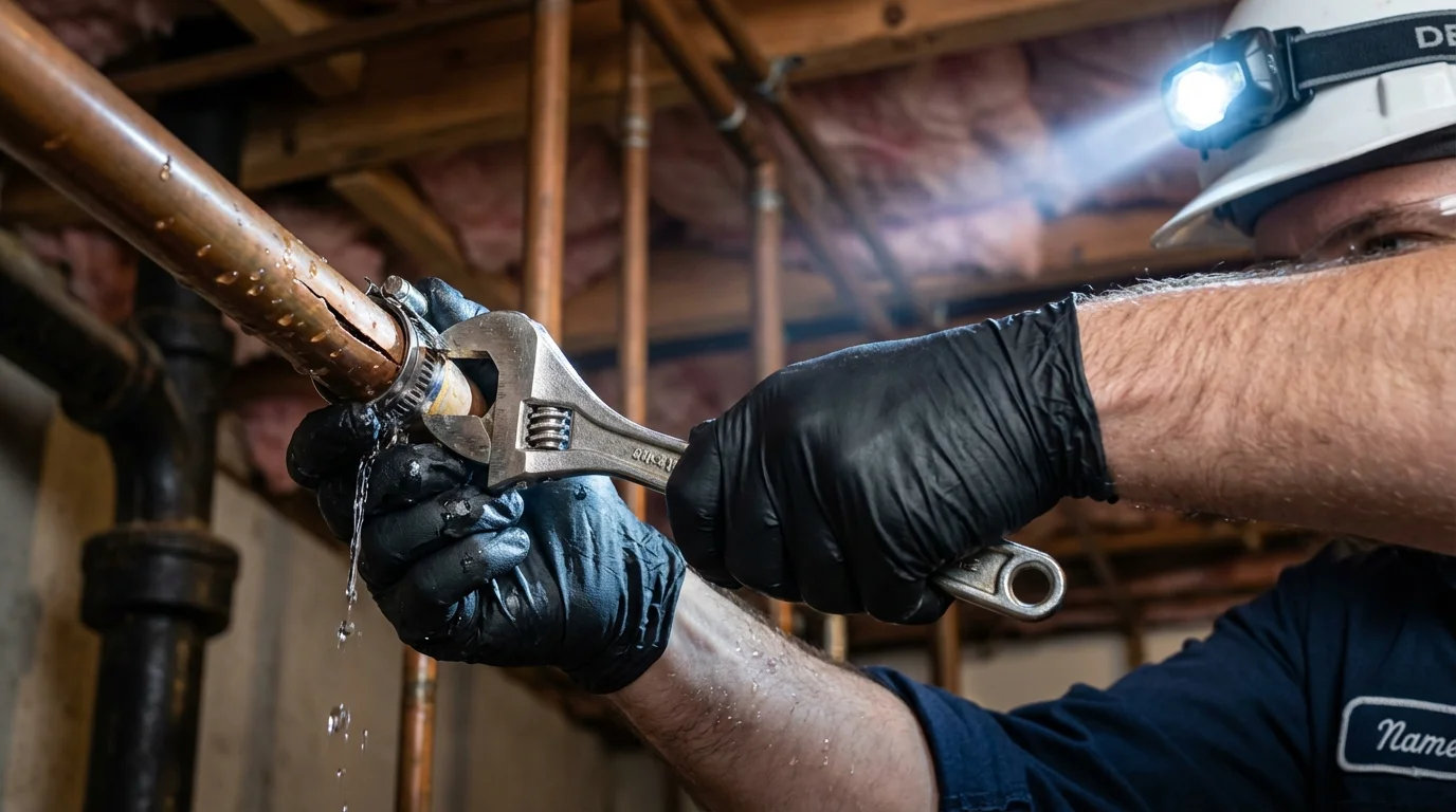 Emergency pipe clamp repair being performed by a Johns Plumbing LLC plumber in Horseheads