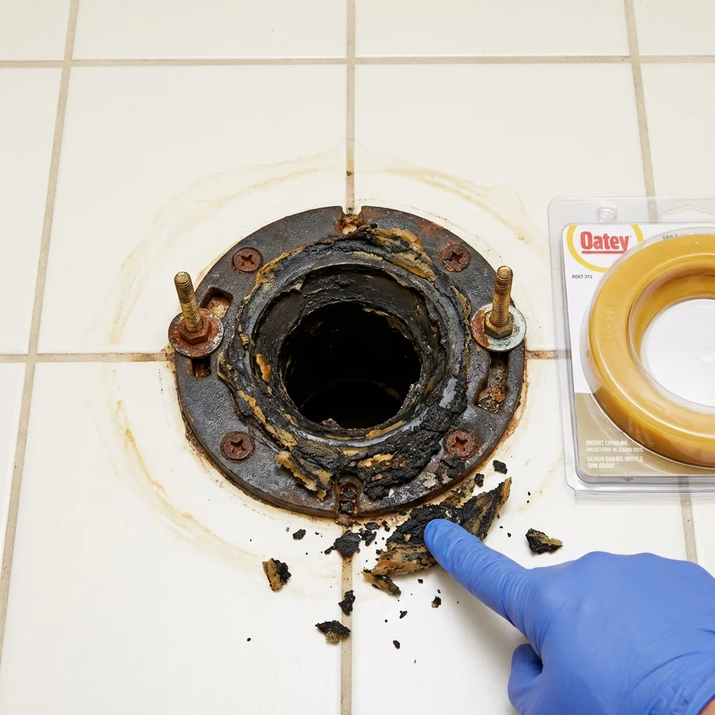 Failed wax ring showing water seepage at the base of a toilet in a Horseheads, NY home