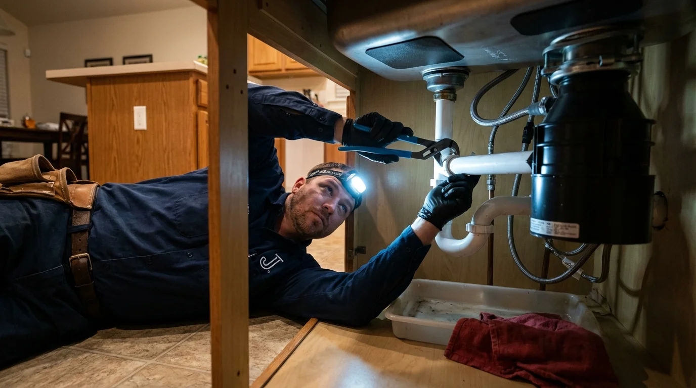 P-trap and supply line connections under a kitchen sink showing a common leak point in Horseheads, NY